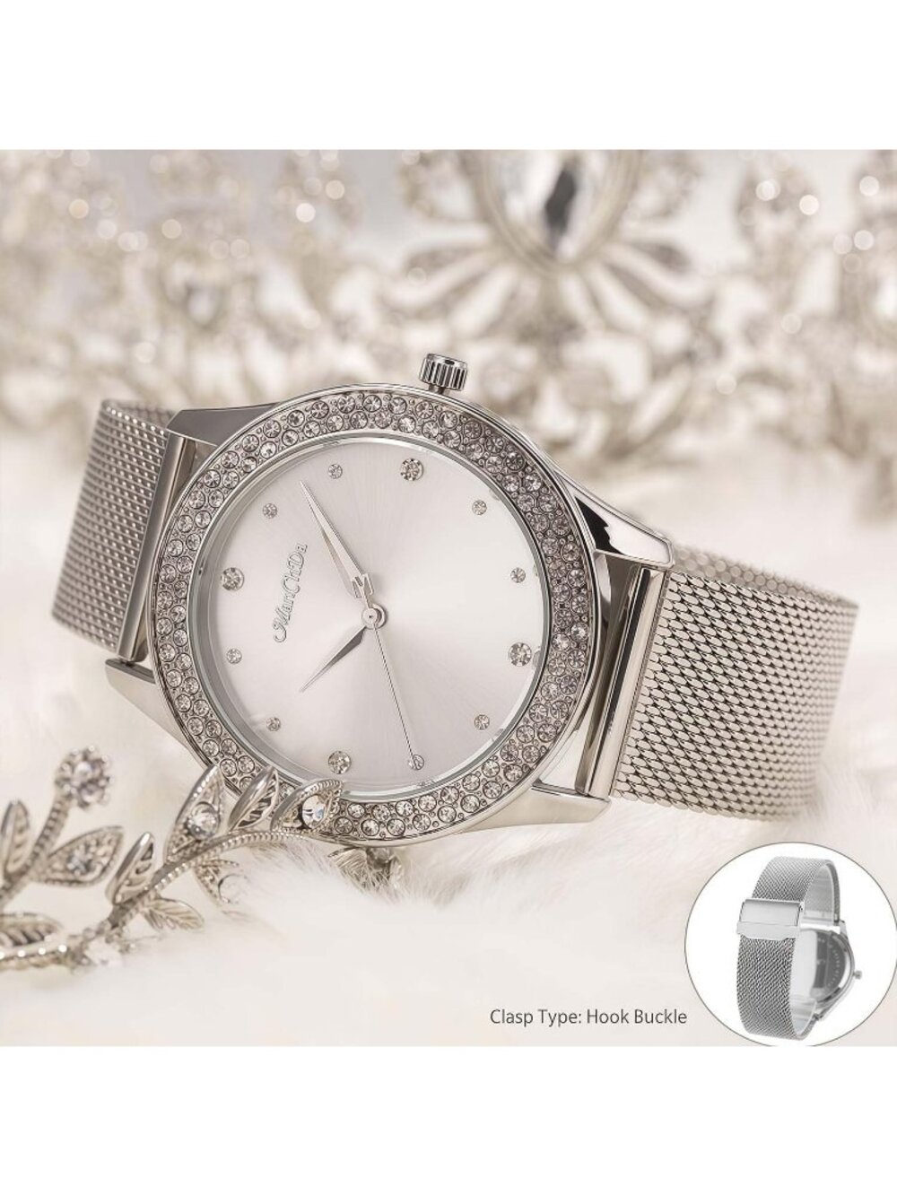 Women's Silver Crystal Case Mesh Stainless Steel Band Cuff Bracelet Set Watch - Picture 6 of 7